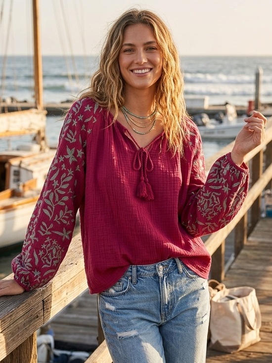 Mersea Tops - Voyageur by Mersea Palermo Cotton Embroidered Blouse Berry/Light Gray Size Large